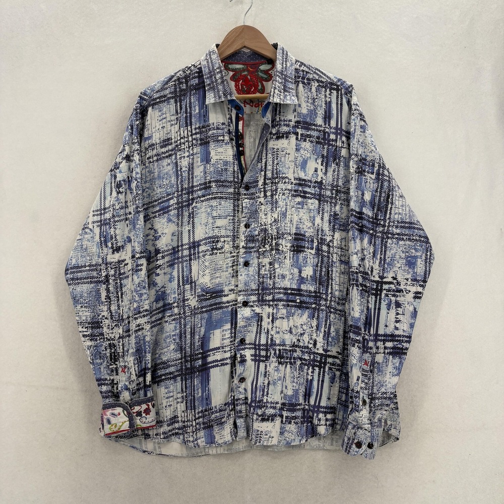 Au Noir Shirt Mens 6 2XL Blue Abstract Plaid Long Sleeve Button Up Embroidered